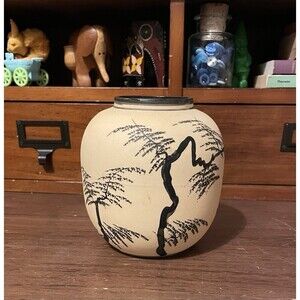 Vintage Japanese Bisque Pottery Hand Painted Pagoda Landscape Vase Ginger Jar 5”